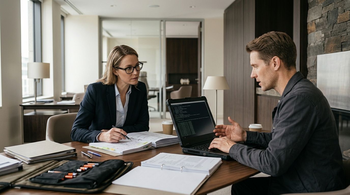 A Candid engineer working through a live matter with a solicitor at her desk, case bundles open between them